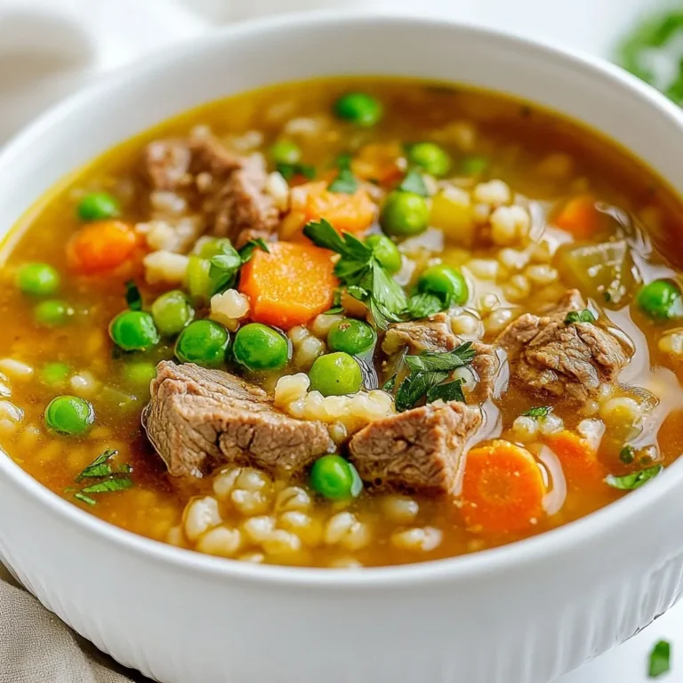 - 1 pound beef chuck, diced into 1-inch cubes - 1 tablespoon olive oil - 1 medium onion, chopped - 2 cloves garlic, minced - 2 carrots, diced - 2 celery stalks, diced - 1 cup pearl barley - 8 cups beef broth - 1 teaspoon dried thyme - 1 bay leaf - Salt and pepper to taste Beef chuck gives the soup a rich flavor. It holds up well when cooked. Pearl barley adds a chewy texture that feels good in every bite. The mix of onion, garlic, carrots, and celery brings a sweet base to the soup. Together, they create a warm and inviting aroma as they cook. The broth is key. Using beef broth enhances the flavor of the soup. Dried thyme adds a hint of earthiness, while the bay leaf brings depth. Seasoning with salt and pepper helps to balance the flavors. - 1 cup green peas (fresh or frozen) - 2 tablespoons chopped fresh parsley for garnish Green peas add a pop of color and sweetness. They are a nice touch in the last part of cooking. Fresh parsley is great for garnish. It adds a fresh flavor and makes the soup look appealing. - Large pot - Cutting board - Knife - Ladle You need a large pot to hold all the ingredients. A cutting board and knife help chop the veggies and meat. A ladle is perfect for serving the soup into bowls. Having the right tools makes cooking easier and more fun! {{ingredient_image_1}} First, we need to sear the beef. Heat 1 tablespoon of olive oil in a large pot over medium-high heat. Once the oil is hot, add 1 pound of diced beef chuck. Season it with salt and pepper. Sear the beef for about 5 to 7 minutes. You want it nice and brown on all sides. This step adds wonderful flavor to the soup. After browning, remove the beef from the pot and set it aside for later. Now, let's cook the vegetables. In the same pot, add your chopped onion, minced garlic, diced carrots, and diced celery. Sauté these for about 4 to 5 minutes. You want them to soften but not lose all their crunch. Next, stir in 1 cup of pearl barley. Toast it for about 1 to 2 minutes. This helps bring out the nutty flavor of the barley. It’s time to bring it all together. Return the browned beef to the pot. Then, add 8 cups of beef broth, 1 teaspoon of dried thyme, and 1 bay leaf. Bring this mixture to a boil. Once boiling, reduce the heat and let it simmer. Cover the pot and simmer for about 1 hour. Stir occasionally to keep it from sticking. The beef should be tender, and the barley should be fully cooked. In the last 10 minutes of cooking, add 1 cup of green peas to the pot. They can be fresh or frozen. This adds a nice pop of color and sweetness. Before serving, taste the soup and adjust the seasoning with more salt and pepper if needed. Ladle the soup into bowls and garnish with fresh parsley. Enjoy your hearty beef and barley soup! Choosing the right cut of beef I recommend using beef chuck. This cut has the right amount of fat and flavor. It becomes tender as it cooks. Avoid lean cuts; they won’t give you the same rich taste. Importance of searing for depth of flavor Always sear the beef before adding it to the soup. This step locks in juices and adds a nice brown color. The Maillard reaction occurs during searing, creating a deep flavor that enhances your soup. Best practices for simmering Simmering is key to a great soup. Keep the heat low and let it bubble gently. This method helps the flavors blend well. Stir occasionally to avoid sticking. A slow simmer cooks the beef and barley perfectly. Proper storage tips for leftovers Store leftover soup in airtight containers. Make sure to cool it first before refrigerating. It lasts up to three days in the fridge. For longer storage, freeze the soup in portions. This way, you can enjoy it later. Garnishing options Garnish your soup with fresh parsley. This adds a pop of color and freshness. You can also sprinkle a bit of black pepper or grated cheese. These touches make your soup look and taste even better. Complementary side dishes Pair the soup with crusty bread for dipping. A simple side salad also works well. Both sides balance the hearty soup. They add freshness and crunch, making your meal complete. Pro Tips Use Quality Beef: Choosing a good quality beef chuck will enhance the flavor and tenderness of your soup. Look for beef with good marbling for the best results. Don’t Rush the Browning: Allow the beef to sear properly before removing it from the pot. This step adds a rich depth of flavor to the soup. Adjust Consistency: If the soup is too thick for your liking, add more beef broth or water to achieve your desired consistency before serving. Fresh Herbs Add Flavor: Adding fresh parsley right before serving not only enhances the flavor but also adds a pop of color to your dish. {{image_2}} You can make this hearty soup in a slow cooker. First, sear the beef in a pan. This step adds deep flavor. After browning, place the beef in the slow cooker. Add the veggies, barley, broth, thyme, and bay leaf. Set the cooker on low for 8 hours. If you're in a hurry, use high for 4 hours. The beef will be tender, and the barley will cook perfectly. Using an Instant Pot speeds up cooking. Start by using the sauté function to brown the beef. After browning, add your veggies, barley, and broth. Seal the lid tightly. Cook on high pressure for 30 minutes. Once done, let it naturally release for 10 minutes. Then, you can release the rest of the pressure. Your soup will be ready to enjoy in no time! Want a meat-free soup? Swap the beef for mushrooms or lentils. Use vegetable broth instead of beef broth. You can still keep the barley for texture. Add more veggies like zucchini or bell peppers. This way, you get a rich, satisfying dish with loads of flavor. Enjoy the hearty taste without the meat! To keep your soup fresh, use airtight containers. I like glass jars or plastic containers. Make sure to let the soup cool before sealing it. This step helps prevent moisture buildup. If you want to freeze the soup, pour it into freezer-safe bags or containers. Leave some space at the top for expansion. When you're ready to eat, thaw in the fridge overnight. Reheat on the stove for best results. Stir well and check the temperature. In the fridge, the soup lasts about 3 to 4 days. If you freeze it, you can enjoy it for up to 3 months. Just remember to label your containers with the date. This way, you keep track of your meals. Beef & Barley Soup lasts for about 3 to 4 days in the fridge. To store it well, let the soup cool first. Then, place it in an airtight container. This keeps it fresh and stops it from absorbing other smells. When you're ready to eat, just reheat it on the stove or in the microwave. Yes, you can use different meats in this soup. Some great options are chicken, turkey, or pork. Each meat gives its own flavor. If you choose chicken, use chicken thighs for best results. For pork, a shoulder cut works well. Just remember, cooking times may change based on the meat you use. Traditional barley soup is not gluten-free because it contains barley. However, you can make it gluten-free. Try using quinoa or rice instead of barley. Both will add a nice texture and flavor. Be sure to check your broth for gluten too; some brands add gluten as a thickener. Beef and barley soup is simple to make with the right steps. We began by exploring key ingredients, like tender beef chuck and hearty pearl barley. I shared tips for cooking, from searing beef to adding fresh vegetables. You can try variations, like using an Instant Pot or a meat substitute. Proper storage keeps leftovers fresh for longer. This comforting meal offers warmth and nutrition, perfect for any day. Enjoy your cooking, and make this recipe your own!
