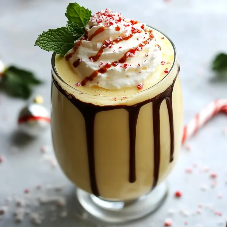 Here’s what you’ll need to make your creamy peppermint eggnog martini: - 2 cups eggnog (store-bought or homemade) - 1/2 cup heavy cream - 1/4 teaspoon pure peppermint extract - 1 tablespoon chocolate syrup (plus extra for drizzling) - Crushed peppermint candies, for garnish - Whipped cream, for topping - Fresh mint leaves, for garnish (optional) These ingredients combine to create a festive drink that feels warm and cozy. You can use any eggnog you love. Store-bought is quick and easy, while homemade gives you total control over flavors. Heavy cream adds richness and a smooth texture. The peppermint extract brings a fresh kick, perfect for the holidays. Chocolate syrup adds sweetness and depth. You can drizzle it on the inside of your glass for a fun twist. Crushed peppermint candies not only look great, but they also add crunch. Whipped cream makes everything better, and fresh mint leaves are a lovely touch if you want to impress your guests. Each ingredient plays a role in making this drink a true festive treat. {{ingredient_image_1}} - First, grab a large mixing bowl. - Add 2 cups of eggnog, 1/2 cup of heavy cream, 1/4 teaspoon of pure peppermint extract, and 1 tablespoon of chocolate syrup. - Mix these ingredients together well. - Use a whisk to blend everything until smooth and creamy. - If you like your drink cold, put the mixture in the fridge. - Chill for about 30 minutes. This lets the flavors mix nicely. - To serve, take your martini glass. - Drizzle chocolate syrup inside the glass’s rim. This adds a nice touch! - Carefully pour the chilled eggnog mixture into the glass. - Top it with a big scoop of whipped cream. - Sprinkle crushed peppermint candies on top for a festive look. - If you want, add a fresh mint leaf as a final garnish. These steps will help you create a delicious and festive Peppermint Eggnog Martini! Enjoy the process of making this treat. I love making my Creamy Peppermint Eggnog Martini look festive. Here are my top tips: - Use colorful straws to brighten up the drink. - Try festive stirrers shaped like candy canes or stars. - Display the martinis on a tray with holiday decorations. This adds a warm touch to your party. Want to make this drink even better? Here are some ideas: - Add a dash of cinnamon or nutmeg for warmth. - Mix in a bit of vanilla extract for extra depth. - Adjust the sweetness by adding more chocolate syrup if you like it sweeter. Pair your martini with tasty snacks to make it special. Here are some suggestions: - Serve with chocolate-covered pretzels for a sweet and salty mix. - Try it with spiced nuts to add crunch. - Mini cupcakes or cookies also make great companions for this drink. Pro Tips Chill for Best Flavor: Letting the eggnog mixture chill for at least 30 minutes enhances the flavors, making for a richer and more enjoyable drink. Whip Your Cream: For a more luxurious texture, whip the heavy cream to soft peaks before folding it into the eggnog mixture. Chocolate Drizzle: Drizzling chocolate syrup inside the glass not only adds flavor but also creates a beautiful presentation. Garnish Creatively: Use crushed peppermint candies not just for garnish, but also as a flavor enhancer that adds a delightful crunch to each sip. {{image_2}} To make a family-friendly eggnog martini, skip the alcohol entirely. Use the same ingredients and just leave out any spirits. This way, kids and adults can enjoy the festive drink together. You can even make it sweeter by adding more chocolate syrup or whipped cream. If you want a lighter option, try using half-and-half instead of heavy cream. For a dairy-free choice, almond milk or coconut milk works well. You can also switch out the eggnog for a vegan version. For the chocolate syrup, dark chocolate or mint chocolate can add a nice twist. Get creative with seasonal flavors! You can add a dash of cinnamon for warmth. Or, try a splash of vanilla extract for a sweet note. If you want a more chocolatey drink, mix in some cocoa powder. You could also use different garnishes, like chocolate shavings or festive sprinkles, to make your drink even more special! To store any leftover peppermint eggnog mixture, place it in an airtight container. This keeps the flavors fresh. You can refrigerate it for up to three days. If you notice any separation, just give it a good whisk before serving again. You can repurpose leftover ingredients in fun ways. Use the mixture as a dessert sauce over ice cream. You can also blend it into a smoothie for a festive touch. If you have extra whipped cream, add it to your morning coffee for a sweet kick. This blog post covered how to make a festive peppermint eggnog martini. We explored the important ingredients, detailed step-by-step instructions, and helpful tips for serving and presentation. I shared variations to suit different tastes and storage advice for leftovers. Making this drink can boost your holiday cheer. Try it yourself and have fun personalizing the recipe. With a little creativity, you can impress your guests and enjoy a tasty treat. Happy mixing!