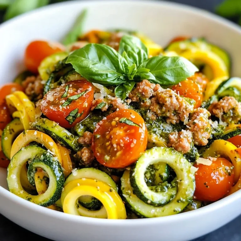 - 1 lb ground turkey - 1 cup fresh basil leaves - 2 cloves garlic, minced - 1/4 cup pine nuts (or walnuts) - 1/4 cup grated Parmesan cheese These main ingredients create a rich and flavorful base. Ground turkey is lean and cooks quickly. Fresh basil gives a bright taste. Garlic adds depth. Pine nuts or walnuts bring a nice crunch. Grated Parmesan cheese adds a savory kick. - 1/4 cup olive oil - 2 cups cooked quinoa (or pasta of choice) - 1 medium zucchini, spiralized or diced - 1 cup cherry tomatoes, halved The olive oil is key for the pesto's smooth texture. Quinoa or pasta serves as a hearty base. Zucchini adds color and nutrition. Cherry tomatoes give a sweet burst of flavor. - Salt and pepper to taste - Fresh basil leaves for garnish Salt and pepper enhance all the flavors in the dish. Fresh basil leaves on top make it look lovely and fresh. This simple seasoning makes the meal shine and taste delightful. {{ingredient_image_1}} To start, you need to make the pesto. In a food processor, combine these items: - 1 cup fresh basil leaves - 2 cloves garlic, minced - 1/4 cup pine nuts (or walnuts) - 1/4 cup grated Parmesan cheese Pulse these ingredients together until they mix well. Next, you want to drizzle in 1/4 cup of olive oil while the processor runs. This step helps create a smooth texture. Once mixed, add salt and pepper to taste. Set your pesto aside for later. Now, let’s cook the turkey. In a large skillet over medium heat, add 1 pound of ground turkey. Cook it for about 5 to 7 minutes. Use a spatula to break it apart as it cooks. You want it browned and fully cooked. Don’t forget to season it with salt and pepper to add flavor. With the turkey cooked, it’s time to add some veggies. Stir in 1 medium zucchini, spiralized or diced, and 1 cup of halved cherry tomatoes. Cook these for an additional 3 to 4 minutes. This will help the zucchini soften slightly and the tomatoes warm up. Now we combine everything. Add 2 cups of cooked quinoa (or pasta) to the skillet with the turkey and vegetables. Then, spoon in your prepared pesto. Mix everything together until it’s well combined and heated through. This step allows the flavors to meld. Finally, it’s time to serve. Divide the turkey pesto mixture into individual bowls. For a nice touch, garnish with fresh basil leaves and some extra grated Parmesan if you like. Enjoy your delicious meal! To get the right texture for your pesto, blend the ingredients well. Start with the basil, garlic, and nuts. Pulse them before adding the olive oil. This ensures a nice, smooth mix. If your pesto is too thick, add a bit more olive oil. For a twist, try walnuts instead of pine nuts. They give a different flavor and are often cheaper. To keep your turkey moist, do not overcook it. Cook it for about 5-7 minutes on medium heat. Break it apart with a spatula as it cooks. You can check for doneness by looking for no pink meat. Season the turkey with salt and pepper while it cooks. This adds great flavor right from the start. You can add more veggies to your bowls. Try bell peppers, spinach, or broccoli for variety. If you want a vegetarian option, swap out the turkey for beans or lentils. You can also use gluten-free pasta if needed. This makes the dish suitable for many diets. Pro Tips Fresh Basil is Best: For the most vibrant flavor, use fresh basil leaves instead of dried. They provide a bright, aromatic quality that dried herbs cannot match. Customize Your Nuts: While pine nuts are traditional in pesto, feel free to substitute with walnuts or even almonds for a different flavor profile. Perfectly Cooked Turkey: Ensure the ground turkey is cooked through but not overcooked to maintain its juiciness. Use a meat thermometer to check for an internal temperature of 165°F (75°C). Make Ahead: This dish can be prepared in advance. Store the pesto and turkey mixture separately in the fridge for up to 3 days, then combine and heat when ready to serve. {{image_2}} You can switch out ground turkey for other proteins. Here are some tasty options: - Ground chicken: It has a mild flavor and cooks similarly. - Ground beef: This adds a richer taste and works well with pesto. - Vegetarian: Use lentils or chickpeas for a plant-based option. Each choice will change the dish's flavor, but all are delicious. You have choices when it comes to pesto. You can make it from scratch or buy it. - Homemade pesto: Use fresh basil, garlic, nuts, Parmesan, and olive oil. It tastes bright and fresh. - Store-bought pesto: This saves time. Look for brands with good ingredients for best flavor. You can also change the herbs in your pesto: - Spinach: It adds a nice green color and mild flavor. - Arugula: It gives the pesto a peppery taste. - Cilantro: This adds a unique twist to the flavor. You don't have to stick to quinoa or pasta. Try these bases instead: - Rice: White or brown rice works well with the flavors. - Couscous: This tiny pasta cooks quickly and soaks up the pesto nicely. - Zoodles: Spiralized zucchini makes a low-carb option. Each base will change the texture and taste, so feel free to mix it up! To store your Turkey Garlic Pesto Bowls, put leftovers in an airtight container. This keeps them fresh and safe. Make sure to cool the dish to room temperature before sealing it. In the fridge, it can last up to four days. When you want to eat it, just reheat it on the stove or in the microwave. If you want to freeze this dish, it’s easy. First, let it cool completely. Then, portion it into freezer-safe containers. Make sure to leave some space at the top, as food expands when frozen. This meal can last in the freezer for up to three months. When you are ready to eat, take it out and thaw it overnight in the fridge. To reheat, warm it in a skillet over low heat until hot, stirring occasionally. In the fridge, the Turkey Garlic Pesto Bowls stay good for about four days. If you freeze them, they can last for three months. Always check for signs of spoilage, like off smells or changes in color, before eating. Yes, you can use dried herbs for the pesto. However, fresh herbs give more flavor and aroma. Dried herbs often lack the bright taste of fresh ones. If you use dried herbs, remember that the flavor may be less intense. Use about one-third the amount of dried herbs as fresh. This reduces the risk of overpowering the dish. You can add many things to boost nutrition. Try adding spinach or kale for extra greens. You can also toss in bell peppers for crunch and color. For more protein, consider adding beans or chickpeas. Avocado adds healthy fats and creaminess. Just remember, balance flavors and textures for a great meal. To lower calories, swap ground turkey for lean chicken or turkey breast. You can also use less oil in the pesto. Instead of full-fat cheese, try low-fat Parmesan. For a lighter base, use cauliflower rice instead of quinoa. These swaps keep the dish tasty while cutting back on calories. Yes, quinoa is gluten-free. It is a great choice for people with gluten intolerance or celiac disease. Quinoa is a whole grain that is high in protein and fiber. It is also rich in vitamins and minerals. Always check labels to ensure no gluten contamination during processing. This recipe combines ground turkey, fresh basil, garlic, and nuts for a tasty meal. You learned how to make pesto, cook turkey, and add veggies. We covered tips for perfecting the dish and offered variations to fit your needs. Storing leftovers correctly keeps them fresh and tasty. Enjoy experimenting with flavors and ingredients. This meal is easy to customize, making it a great choice for any diet. Embrace the fun of cooking!