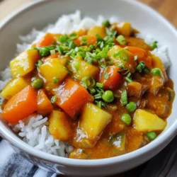 For this dish, you need some key ingredients that bring warmth and flavor. Here is the list: - 1 cup Japanese short-grain rice - 1 tablespoon vegetable oil - 1 onion, finely chopped - 2 garlic cloves, minced - 1-inch piece ginger, grated - 2 carrots, peeled and sliced into rounds - 2 medium potatoes, diced - 1 cup chicken or vegetable broth - 1 medium apple, grated - 3 tablespoons Japanese curry powder (or curry roux) - 1 cup frozen peas - Salt and pepper to taste - Green onions, chopped (for garnish) These ingredients create a rich and comforting bowl of curry rice. You can make this cozy dish even more special by adding some optional ingredients. Here are a few you might like: - Mushrooms for umami flavor - Bell peppers for sweetness - Coconut milk for creaminess - Soy sauce for depth - Hot sauce for extra spice Adding these can give your curry a unique twist. If you have dietary needs, you can still enjoy this dish with some simple swaps. Consider these substitutions: - Use brown rice for a healthier option. - Replace vegetable broth with water if needed. - Choose gluten-free curry powder or roux if you are gluten intolerant. - Use tofu or chickpeas instead of meat for a plant-based meal. These changes keep the flavor while meeting your needs. {{ingredient_image_1}} To start, rinse 1 cup of Japanese short-grain rice. Use cold water until it runs clear. This step helps remove excess starch and keeps the rice from being too sticky. After rinsing, drain the rice and set it aside. Next, grab a medium saucepan. Add the rinsed rice and 1 ¼ cups of water. Bring this mixture to a boil over high heat. Once it boils, reduce the heat to low. Cover the pot and let it simmer for 15-20 minutes. This cooking time allows the rice to absorb all the water. When the water is gone, take it off the heat. Keep it covered for another 10 minutes to let it steam. While the rice cooks, heat 1 tablespoon of vegetable oil in a large pot over medium heat. Add 1 finely chopped onion and sauté it for about 5 minutes. You want it to become translucent. Next, add 2 minced garlic cloves and 1-inch piece of grated ginger. Stir and cook for 1 minute. This step releases wonderful scents. Then, add 2 sliced carrots and 2 diced potatoes. Stir to mix them with the onion. Pour in 1 cup of chicken or vegetable broth. Bring the mixture to a gentle boil. After boiling, lower the heat and let it simmer for about 15 minutes. This will make the vegetables tender. After 15 minutes, stir in 1 grated apple and 3 tablespoons of Japanese curry powder (or curry roux). Mix well and let the sauce thicken for 5-10 minutes. If it gets too thick, add more broth or water. Finally, add 1 cup of frozen peas and stir for 2-3 minutes. Season with salt and pepper to taste. Now, it's time to serve! Scoop a generous amount of rice into bowls. Ladle the warm curry mixture over the rice. For a colorful touch, garnish each bowl with chopped green onions. You can also serve pickled vegetables on the side for an authentic experience. Enjoy your cozy meal! To get the best rice, start by rinsing the Japanese short-grain rice under cold water. This step removes excess starch. Rinse until the water runs clear. After rinsing, let the rice drain for a moment. When cooking, use a 1:1.25 rice-to-water ratio. Bring it to a boil, then reduce the heat and cover. Let it simmer for 15-20 minutes. After cooking, let the rice sit covered for 10 minutes. This resting time makes the rice fluffy and perfect. Seasoning is key to a great Japanese curry. Start with sautéing onions in oil until they become soft. Then add garlic and ginger for a fragrant base. When you add the broth, include grated apple and curry powder. The apple adds a hint of sweetness, balancing the spices. Taste your curry as it cooks. Adjust with salt and pepper to suit your taste. If you like it spicier, add more curry powder or some chili flakes. A well-presented meal makes it feel special. Scoop rice into bowls, then pour the warm curry over it. For a pop of color, top with chopped green onions. You can also serve pickled vegetables on the side. They add a nice crunch and tang to the dish. Use colorful bowls to enhance the cozy vibe. A simple, inviting setup makes it even more enjoyable. Pro Tips Use Fresh Ingredients: Opt for fresh vegetables and spices to enhance the flavor of your curry. Fresh produce provides better texture and nutrients. Adjust the Spice Level: If you prefer a milder curry, start with less curry powder and taste as you go. You can always add more to suit your palate. Rest the Rice: Allowing the rice to sit covered after cooking helps it steam and become fluffier. This step is crucial for achieving the perfect texture. Customize Your Veggies: Feel free to add or substitute your favorite vegetables like bell peppers or zucchini. This dish is versatile and can be tailored to your liking. {{image_2}} You can easily make this cozy dish vegetarian or vegan. Swap the chicken broth for vegetable broth. You can also use a vegan curry roux. For protein, add chickpeas or lentils. They will boost nutrition and flavor. Adding protein makes this bowl more filling. You can use chicken for a classic taste. Simply dice it and sauté with onions. Tofu is a great option for vegetarians. Press it to remove water, then cube and brown it. If you like seafood, shrimp works well too. Cook it until pink and tender. Each protein gives the dish a unique twist. Seasonal vegetables can change the flavor profile. In spring, add asparagus or snap peas. In summer, try zucchini or bell peppers. Fall brings great options like butternut squash or sweet potatoes. Winter is perfect for hearty veggies like turnips or Brussels sprouts. Each veggie adds a fresh taste to your cozy curry. To keep your Cozy Japanese Curry Rice Bowl fresh, start with airtight containers. This method prevents air from spoiling your meal. Allow the curry to cool before sealing it. Store the rice and curry separately for the best taste. You can keep leftovers in the fridge for up to three days. When you're ready to eat again, reheating is key. Use a microwave or stovetop. For the microwave, heat in 30-second bursts. Stir in between to ensure even heat. If using the stovetop, add a splash of water to the pot. This helps the curry stay moist. Heat over low until warm, stirring often. Freezing is great for longer storage. You can freeze both rice and curry, but it's best to freeze them separately. Place the curry in freezer bags or containers. Remove as much air as possible. Label with the date. You can freeze for up to three months. To reheat frozen curry, thaw overnight in the fridge. Then, follow the reheating tips for the best flavor. Japanese curry is thicker and sweeter than many other curries. It often uses a mix of fruits like apples for sweetness. Other curries, such as Indian or Thai, use more spices and are usually spicier. Japanese curry has a milder, comforting flavor that pairs well with rice. It is often served as a warm, hearty meal, perfect for family dinners. To add heat to your Japanese curry, you can try these options: - Add chili flakes or powder to the sauce. - Include fresh chili peppers while cooking. - Use a spicier curry powder blend. - Mix in a dash of hot sauce before serving. Start with small amounts, then taste as you go. You want a balance of heat and flavor. Yes, you can use different rice types, but the texture may change. Japanese short-grain rice is best for its sticky and chewy texture. However, you can use: - Jasmine rice for a fragrant option. - Basmati rice for a lighter, fluffier texture. - Brown rice for added fiber. If you choose another type, adjust the cooking time and water ratio as needed. You learned how to make a cozy Japanese curry rice bowl with essential and optional ingredients. We covered step-by-step instructions, tips for perfect rice, and presentation ideas. I hope you try variations like vegetarian options or adding protein. Storing and reheating your leftovers keeps your meal fresh and tasty. Japanese curry is unique, and you can customize it to fit your taste. Dive into this warm and comforting dish that brings joy to your table. Enjoy every bite!