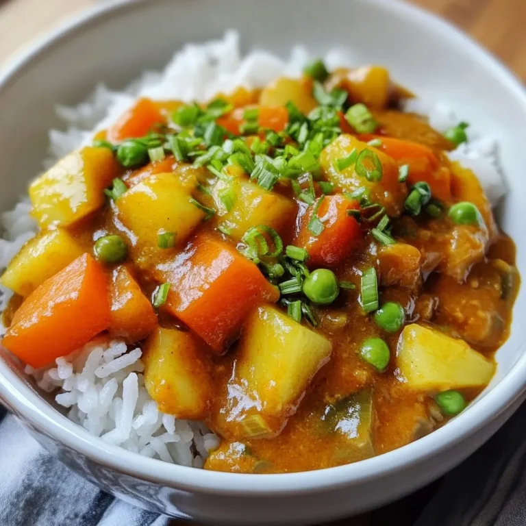 For this dish, you need some key ingredients that bring warmth and flavor. Here is the list: - 1 cup Japanese short-grain rice - 1 tablespoon vegetable oil - 1 onion, finely chopped - 2 garlic cloves, minced - 1-inch piece ginger, grated - 2 carrots, peeled and sliced into rounds - 2 medium potatoes, diced - 1 cup chicken or vegetable broth - 1 medium apple, grated - 3 tablespoons Japanese curry powder (or curry roux) - 1 cup frozen peas - Salt and pepper to taste - Green onions, chopped (for garnish) These ingredients create a rich and comforting bowl of curry rice. You can make this cozy dish even more special by adding some optional ingredients. Here are a few you might like: - Mushrooms for umami flavor - Bell peppers for sweetness - Coconut milk for creaminess - Soy sauce for depth - Hot sauce for extra spice Adding these can give your curry a unique twist. If you have dietary needs, you can still enjoy this dish with some simple swaps. Consider these substitutions: - Use brown rice for a healthier option. - Replace vegetable broth with water if needed. - Choose gluten-free curry powder or roux if you are gluten intolerant. - Use tofu or chickpeas instead of meat for a plant-based meal. These changes keep the flavor while meeting your needs. {{ingredient_image_1}} To start, rinse 1 cup of Japanese short-grain rice. Use cold water until it runs clear. This step helps remove excess starch and keeps the rice from being too sticky. After rinsing, drain the rice and set it aside. Next, grab a medium saucepan. Add the rinsed rice and 1 ¼ cups of water. Bring this mixture to a boil over high heat. Once it boils, reduce the heat to low. Cover the pot and let it simmer for 15-20 minutes. This cooking time allows the rice to absorb all the water. When the water is gone, take it off the heat. Keep it covered for another 10 minutes to let it steam. While the rice cooks, heat 1 tablespoon of vegetable oil in a large pot over medium heat. Add 1 finely chopped onion and sauté it for about 5 minutes. You want it to become translucent. Next, add 2 minced garlic cloves and 1-inch piece of grated ginger. Stir and cook for 1 minute. This step releases wonderful scents. Then, add 2 sliced carrots and 2 diced potatoes. Stir to mix them with the onion. Pour in 1 cup of chicken or vegetable broth. Bring the mixture to a gentle boil. After boiling, lower the heat and let it simmer for about 15 minutes. This will make the vegetables tender. After 15 minutes, stir in 1 grated apple and 3 tablespoons of Japanese curry powder (or curry roux). Mix well and let the sauce thicken for 5-10 minutes. If it gets too thick, add more broth or water. Finally, add 1 cup of frozen peas and stir for 2-3 minutes. Season with salt and pepper to taste. Now, it's time to serve! Scoop a generous amount of rice into bowls. Ladle the warm curry mixture over the rice. For a colorful touch, garnish each bowl with chopped green onions. You can also serve pickled vegetables on the side for an authentic experience. Enjoy your cozy meal! To get the best rice, start by rinsing the Japanese short-grain rice under cold water. This step removes excess starch. Rinse until the water runs clear. After rinsing, let the rice drain for a moment. When cooking, use a 1:1.25 rice-to-water ratio. Bring it to a boil, then reduce the heat and cover. Let it simmer for 15-20 minutes. After cooking, let the rice sit covered for 10 minutes. This resting time makes the rice fluffy and perfect. Seasoning is key to a great Japanese curry. Start with sautéing onions in oil until they become soft. Then add garlic and ginger for a fragrant base. When you add the broth, include grated apple and curry powder. The apple adds a hint of sweetness, balancing the spices. Taste your curry as it cooks. Adjust with salt and pepper to suit your taste. If you like it spicier, add more curry powder or some chili flakes. A well-presented meal makes it feel special. Scoop rice into bowls, then pour the warm curry over it. For a pop of color, top with chopped green onions. You can also serve pickled vegetables on the side. They add a nice crunch and tang to the dish. Use colorful bowls to enhance the cozy vibe. A simple, inviting setup makes it even more enjoyable. Pro Tips Use Fresh Ingredients: Opt for fresh vegetables and spices to enhance the flavor of your curry. Fresh produce provides better texture and nutrients. Adjust the Spice Level: If you prefer a milder curry, start with less curry powder and taste as you go. You can always add more to suit your palate. Rest the Rice: Allowing the rice to sit covered after cooking helps it steam and become fluffier. This step is crucial for achieving the perfect texture. Customize Your Veggies: Feel free to add or substitute your favorite vegetables like bell peppers or zucchini. This dish is versatile and can be tailored to your liking. {{image_2}} You can easily make this cozy dish vegetarian or vegan. Swap the chicken broth for vegetable broth. You can also use a vegan curry roux. For protein, add chickpeas or lentils. They will boost nutrition and flavor. Adding protein makes this bowl more filling. You can use chicken for a classic taste. Simply dice it and sauté with onions. Tofu is a great option for vegetarians. Press it to remove water, then cube and brown it. If you like seafood, shrimp works well too. Cook it until pink and tender. Each protein gives the dish a unique twist. Seasonal vegetables can change the flavor profile. In spring, add asparagus or snap peas. In summer, try zucchini or bell peppers. Fall brings great options like butternut squash or sweet potatoes. Winter is perfect for hearty veggies like turnips or Brussels sprouts. Each veggie adds a fresh taste to your cozy curry. To keep your Cozy Japanese Curry Rice Bowl fresh, start with airtight containers. This method prevents air from spoiling your meal. Allow the curry to cool before sealing it. Store the rice and curry separately for the best taste. You can keep leftovers in the fridge for up to three days. When you're ready to eat again, reheating is key. Use a microwave or stovetop. For the microwave, heat in 30-second bursts. Stir in between to ensure even heat. If using the stovetop, add a splash of water to the pot. This helps the curry stay moist. Heat over low until warm, stirring often. Freezing is great for longer storage. You can freeze both rice and curry, but it's best to freeze them separately. Place the curry in freezer bags or containers. Remove as much air as possible. Label with the date. You can freeze for up to three months. To reheat frozen curry, thaw overnight in the fridge. Then, follow the reheating tips for the best flavor. Japanese curry is thicker and sweeter than many other curries. It often uses a mix of fruits like apples for sweetness. Other curries, such as Indian or Thai, use more spices and are usually spicier. Japanese curry has a milder, comforting flavor that pairs well with rice. It is often served as a warm, hearty meal, perfect for family dinners. To add heat to your Japanese curry, you can try these options: - Add chili flakes or powder to the sauce. - Include fresh chili peppers while cooking. - Use a spicier curry powder blend. - Mix in a dash of hot sauce before serving. Start with small amounts, then taste as you go. You want a balance of heat and flavor. Yes, you can use different rice types, but the texture may change. Japanese short-grain rice is best for its sticky and chewy texture. However, you can use: - Jasmine rice for a fragrant option. - Basmati rice for a lighter, fluffier texture. - Brown rice for added fiber. If you choose another type, adjust the cooking time and water ratio as needed. You learned how to make a cozy Japanese curry rice bowl with essential and optional ingredients. We covered step-by-step instructions, tips for perfect rice, and presentation ideas. I hope you try variations like vegetarian options or adding protein. Storing and reheating your leftovers keeps your meal fresh and tasty. Japanese curry is unique, and you can customize it to fit your taste. Dive into this warm and comforting dish that brings joy to your table. Enjoy every bite!