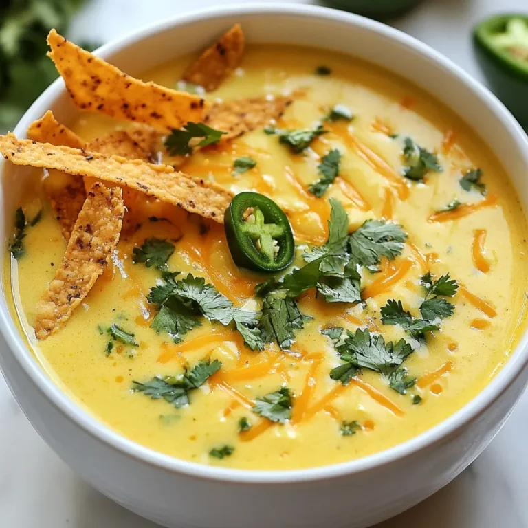 To make jalapeño popper soup, gather these fresh and tasty items: - 4 fresh jalapeños, diced (remove seeds for less heat) - 1 tablespoon olive oil - 1 medium onion, chopped - 2 cloves garlic, minced - 2 cups chicken or vegetable broth - 1 cup cream cheese, softened - 1 cup sharp cheddar cheese, shredded - 1 cup milk - 1 teaspoon smoked paprika - 1/2 teaspoon cumin - Salt and pepper to taste - 1/4 cup fresh cilantro, chopped (for garnish) - Crispy tortilla strips (for topping) Each ingredient plays a key role in the soup. The fresh jalapeños add heat, while cream cheese and cheddar give it a creamy texture. The broth brings everything together. Onion and garlic provide a solid base of flavor. Don’t forget the spices—they really enhance the taste. When you gather these ingredients, think about your preferences. Want it spicier? Keep some seeds from the jalapeños. Prefer it creamier? Add more cream cheese or cheddar. Enjoy the process of choosing your ingredients. This will make your soup even better! {{ingredient_image_1}} To make jalapeño popper soup, you start by cooking the base. This soup comes together in just a few steps. You will sauté, simmer, and blend to create a comforting dish. 1. Heat the olive oil in a large pot over medium heat. 2. Add the diced jalapeños, chopped onion, and minced garlic. Sauté until the onion is soft and clear, about 5-7 minutes. 3. Pour in the chicken or vegetable broth and bring it to a gentle simmer. 4. Lower the heat and add the softened cream cheese. Stir until it melts into the broth. 5. Gradually stir in shredded cheddar cheese until it combines smoothly. Then add the milk, smoked paprika, and cumin. Mix well. 6. Season with salt and pepper to match your taste. Let the soup simmer for 5 more minutes. 7. Use an immersion blender if you want a smooth texture. If you like it chunky, leave it as is. Serve the soup hot. Top with chopped cilantro and crispy tortilla strips. This adds a nice crunch and bright flavor. Enjoy each spoonful of this creamy and spicy delight! To change the heat, adjust the jalapeños. Remove all seeds and ribs for mild soup. Keep some seeds for medium heat. You can also use less jalapeño if you want it milder. For more heat, add a pinch of cayenne pepper. It gives a nice kick without changing the base flavor. For a creamy soup, use full-fat cream cheese. It melts better and gives richness. If you want it lighter, use lower-fat cream cheese. Blend the soup for a smooth texture. If you prefer chunks, leave it as is. Adding more milk can also help thin it out if needed. Try adding corn for sweetness and texture. Black beans can add protein and earthiness. For more depth, consider mixing in a splash of lime juice. Fresh herbs like parsley or scallions can brighten the flavor. Experimenting with these can turn a good soup into a great one. Pro Tips Adjust the Spice Level: If you prefer a milder soup, be sure to remove all the seeds and membranes from the jalapeños before dicing. Use Fresh Ingredients: Fresh jalapeños and high-quality cheese will enhance the flavor and creaminess of your soup. Blend for Smoothness: For a velvety texture, use an immersion blender to puree the soup after simmering. Garnish Creatively: Consider adding avocado slices or a dollop of sour cream along with the cilantro and tortilla strips for a delicious twist. {{image_2}} You can easily make a vegetarian version of this soup. Simply swap the chicken broth for vegetable broth. The rest of the recipe stays the same. This keeps all the flavor while making it meat-free. You can add extra veggies like corn or bell peppers for more texture. They add a nice crunch and flavor to the soup. To make this soup keto-friendly, change a few ingredients. Replace the milk with heavy cream. This keeps the rich taste without extra carbs. You can also use a lower-carb cheese like mozzarella. This keeps the soup creamy and delicious while fitting a keto diet. Always check labels for hidden sugars in your ingredients. For a dairy-free version, use coconut milk instead of cream and milk. Choose dairy-free cream cheese and cheese alternatives. This keeps the soup creamy without dairy. Some people like to add nutritional yeast for a cheesy flavor. This gives your soup a nice twist while keeping it dairy-free. To keep your jalapeno popper soup fresh, let it cool first. Pour it into an airtight container. This helps keep the flavors intact. Store it in the fridge for up to three days. Make sure to label the container with the date. This way, you will know when to use it. When you are ready to enjoy the soup again, take it out of the fridge. Pour it into a pot and heat over medium-low heat. Stir it often to prevent sticking. If it seems too thick, add a splash of milk or broth. Heat until it's hot but not boiling. This keeps the texture smooth and creamy. You can freeze jalapeno popper soup for later meals. First, let it cool completely. Then, pour it into a freezer-safe container. Leave some space at the top for expansion. Seal it tightly and label it with the date. It can stay in the freezer for up to three months. When ready to eat, thaw it in the fridge overnight before reheating. You can pair Jalapeno Popper Soup with several tasty sides. I enjoy serving it with crispy tortilla chips. These chips add a nice crunch and balance the soup’s creaminess. A simple side salad also works well. Choose fresh greens with a light dressing to keep it light. You can even serve it with grilled cheese sandwiches. The gooey cheese complements the soup’s flavors perfectly. The spice level of Jalapeno Popper Soup can vary. Jalapeños have a medium heat. If you remove the seeds, the soup will be milder. If you enjoy heat, leave some seeds in. You can also add more jalapeños or even cayenne pepper for extra kick. Make it your own by adjusting the heat to your taste. Yes, you can make this soup ahead of time. It stores well in the fridge for up to three days. Just let it cool before placing it in an airtight container. When ready to serve, heat it on the stove over low heat. Stir it gently to keep it creamy. If it thickens too much, add a splash of milk to loosen it up. To store leftovers, let the soup cool completely. Then, place it in an airtight container. You can keep it in the fridge for up to three days. If you want to keep it longer, consider freezing it. Pour the cooled soup into freezer-safe containers. It can last in the freezer for up to three months. Just remember to label the containers with the date. Yes, you can freeze Jalapeno Popper Soup. It freezes well, but the texture may change slightly. Creamy soups often become grainy after thawing. To freeze, pour the cooled soup into freezer-safe containers. Leave some space at the top for expansion. Thaw it in the fridge overnight before reheating. Stir it well when reheating to help restore the texture. You now have all the tools to make delicious Jalapeno Popper Soup. We covered essential ingredients, step-by-step instructions, and helpful tips to customize your dish. Remember, you can adjust the heat and try variations to suit your taste. Don't forget to explore storage options for leftovers. This soup is tasty on its own or paired with your favorite sides. I hope you enjoy making and sharing this hearty meal with others. Happy cooking!
