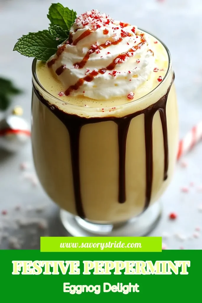 Indulge in the holiday spirit with this creamy peppermint eggnog martini! Perfect for festive gatherings, this easy peppermint martini combines rich eggnog, heavy cream, and a hint of chocolate syrup. Garnished with crushed peppermint candies, it’s a delightful festive eggnog cocktail everyone will love. Add this creamy peppermint eggnog to your holiday drink recipes and make your celebrations extra special! Save and try this delicious recipe today! #HolidayCocktails #PeppermintEggnog #FestiveDrinks #EasyMartinis