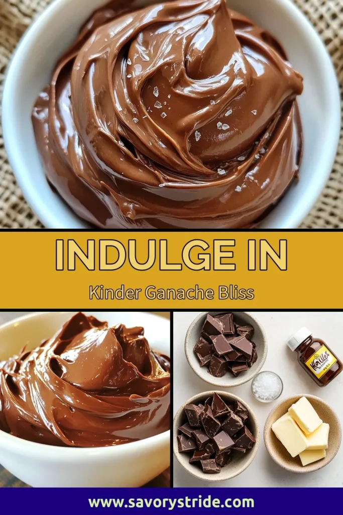 Indulge in the rich taste of Kinder Ganache Frosting with this easy ganache frosting recipe! Perfect for frosting cakes or cupcakes, this decadent frosting blends creamy Kinder Chocolate and smooth heavy cream for a heavenly dessert. Try this simple chocolate ganache recipe today and elevate your baking game with delightful Kinder Chocolate recipes. Save this post for your next baking adventure! #KinderGanacheFrosting #ChocolateGanacheRecipe #DecadentFrosting #EasyGanacheFrosting
