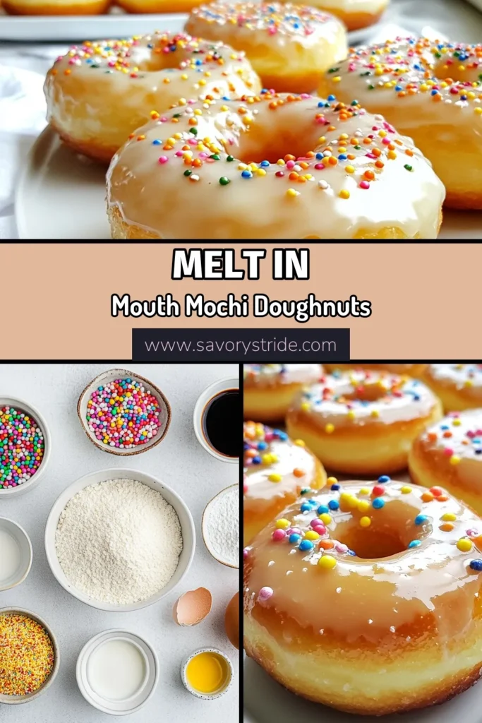 Discover the joy of baking with these delicious glazed mochi doughnuts! This easy mochi recipe uses sweet rice flour to create soft and chewy baked doughnut goodness. With a colorful doughnut glaze and optional sprinkles, they’re perfect for any occasion. Make your mornings extra special and enjoy this sweet treat. Try this simple glazed mochi doughnuts recipe today! Save this for later! #MochiDoughnuts #EasyMochiRecipe #BakedDoughnutRecipe #SweetTreats
