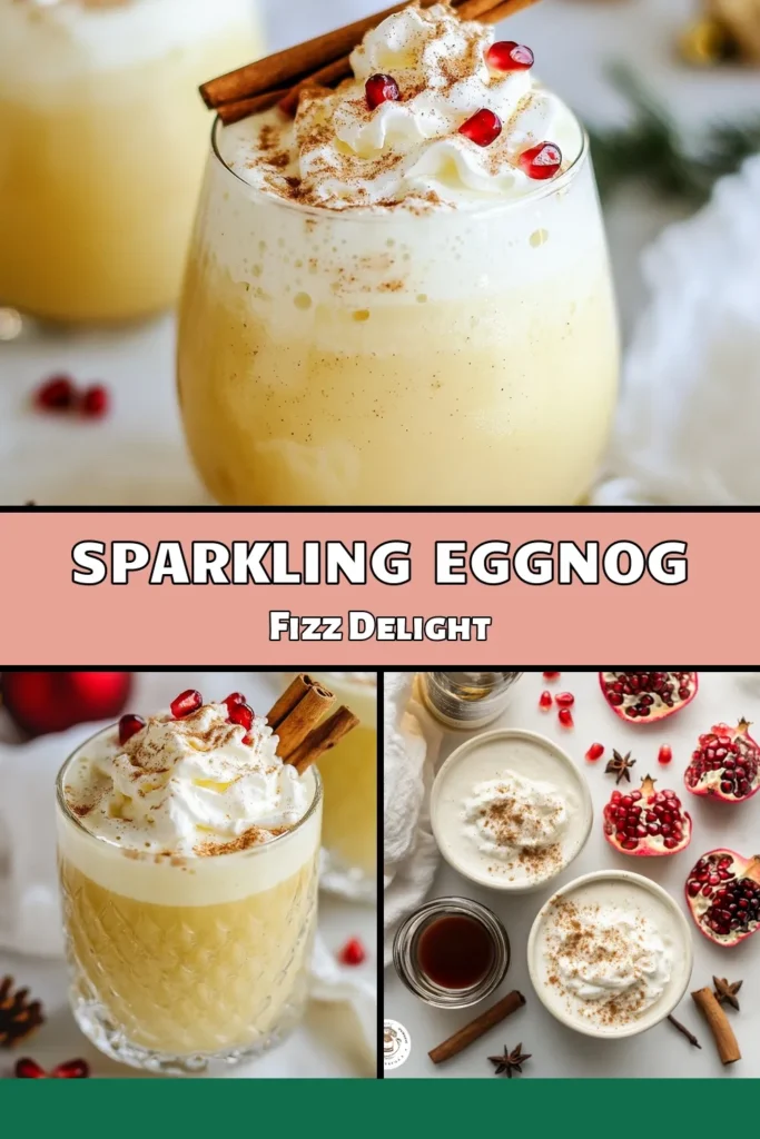 Celebrate the holidays with this delightful festive eggnog recipe! Our Eggnog Champagne Fizz combines creamy homemade eggnog and sparkling apple cider for the perfect holiday drink. This easy eggnog cocktail is sure to impress at your Christmas gatherings. Top it off with whipped cream and a sprinkle of nutmeg for a festive touch. Save this recipe for your next celebration and spread the joy! #EggnogFizz #HolidayCocktails #ChristmasDrinks #EasyEggnogRecipes