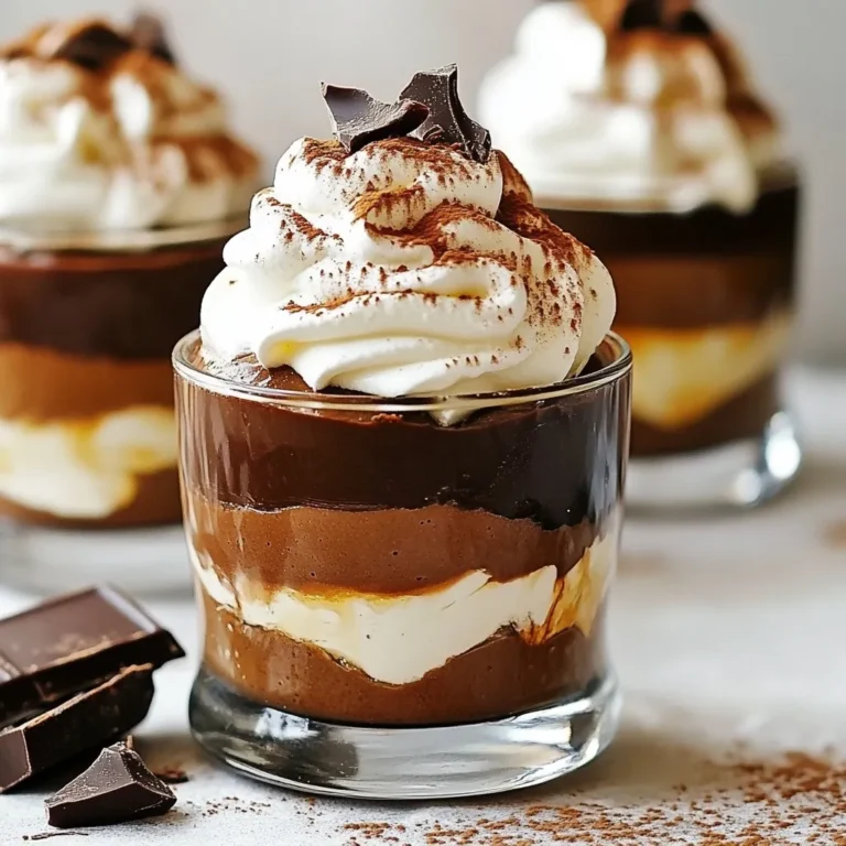 - 200g dark chocolate (70% cocoa), chopped - 3 large eggs, separated - 2 tablespoons sugar - 1 teaspoon vanilla extract - 250ml heavy cream - A pinch of salt - Cocoa powder or chocolate shavings for garnish To create Baileys Chocolate Mousse Cups, you need a few simple ingredients. Dark chocolate gives richness, while eggs add lightness. Sugar sweetens the mix, and vanilla adds a lovely aroma. Heavy cream brings creaminess, and salt balances the flavors. Finally, you can garnish with cocoa powder or chocolate shavings for a nice touch. Using high-quality dark chocolate is key. Look for chocolate with at least 70% cocoa. This will give your mousse a deep, rich flavor. Fresh eggs are also important for the best texture. Make sure your eggs are at room temperature for better mixing. When it comes to sugar, you can adjust to your taste. If you like it sweeter, add a little more. Vanilla extract enhances the overall taste. Use pure vanilla for the best results. For the cream, heavy cream is best as it whips up nicely. If you want a lighter mousse, you can fold in less cream. Lastly, the garnish can be simple or fancy. Cocoa powder gives a classic look, while chocolate shavings add elegance. Gather these ingredients before you start. Having everything ready makes the process smooth and fun. Enjoy the journey of making these delightful dessert cups! {{ingredient_image_1}} To start, I use a double boiler method. Place a heatproof bowl over a pot of simmering water. Add 200g chopped dark chocolate to the bowl. Stir the chocolate often. This helps it melt evenly. Once melted, remove it from the heat. Let it cool slightly before using. Next, I prepare the egg whites. In a mixing bowl, I beat three egg whites with a pinch of salt. I beat them until soft peaks form. Then, I slowly add 2 tablespoons of sugar. I keep beating until the mixture looks glossy and forms stiff peaks. This step is crucial for a light mousse. Now, it’s time to mix the other ingredients. In another bowl, I whisk together the egg yolks and 1 teaspoon of vanilla extract. I make this mixture creamy and slightly pale. Next, I stir in the cooled melted chocolate until well combined. After that, I carefully fold in one-third of the beaten egg whites. This lightens the chocolate mixture. Finally, I fold in the rest of the egg whites. I do this gently to keep the mixture airy. For assembly, I have two options. I can either spoon or pipe the mousse into serving cups. I like to use small clear cups to show off the layers. This makes it more appealing. Make sure to fill the cups evenly. Lastly, I refrigerate the mousse. I let it chill for at least 2 hours. This allows it to set properly. The temperature and time can affect how well it sets. I check for a firm texture before serving. To get that light and airy mousse, folding is key. Folding means gently mixing without popping the air bubbles. This keeps your mousse fluffy. Always keep an eye on your ingredient temperatures. If your chocolate is too hot, it can cook the egg yolks. Let it cool a bit before mixing. Want to make your mousse even better? You can add a splash of espresso for depth. Flavored liqueurs, like orange or coffee, work great too. For the best taste, choose high-quality dark chocolate with at least 70% cocoa. This will give your mousse a rich, deep flavor. Presentation can make your mousse look even more special. Use clear glasses to show off those beautiful layers. Top each cup with a dollop of whipped cream and a mint sprig for color. You can pair these cups with coffee or dessert wine. The rich mousse goes well with both, enhancing your dessert experience. Pro Tips Use Quality Chocolate: The flavor of your mousse will greatly depend on the quality of chocolate you use. Opt for a high-quality dark chocolate with at least 70% cocoa for the best results. Room Temperature Ingredients: Ensure that your eggs are at room temperature before whipping. This helps them to whip better and incorporate more air, resulting in a lighter mousse. Be Gentle When Folding: When combining the egg whites and whipped cream with the chocolate mixture, be gentle to retain the airiness. This is key to achieving a light and fluffy texture. Chill Before Serving: Letting the mousse set in the refrigerator for at least 2 hours allows the flavors to meld and the texture to firm up, creating the perfect dessert experience. {{image_2}} You can make the mousse without eggs. For an eggless mousse, use silken tofu or aquafaba. Blend these with chocolate to get a creamy texture. This method keeps the mousse rich and tasty. If you need a dairy-free option, use coconut cream instead of heavy cream. Chill the coconut cream overnight. When ready, whip it until fluffy. Mix it with melted chocolate for a smooth mousse. You can add fruit purees to your mousse. Raspberry or orange purees add a fruity twist. Just swirl in the puree before chilling. This gives your dessert a fresh taste. Try using different types of chocolate. Milk chocolate adds sweetness, while white chocolate brings a creamy vibe. Each chocolate type creates a unique mousse experience. Create layered desserts using small cups or jars. Start with mousse at the bottom and add layers of fruit or cookies. This adds fun and texture to your dessert. You can also serve mousse in various container sizes. Use shot glasses for mini portions or larger cups for a big treat. Each size makes the dessert feel special and unique. To keep your Baileys Chocolate Mousse Cups fresh, store them in the fridge. Place the mousse in airtight containers. This helps to prevent any odors from other foods. You can also cover the cups with plastic wrap. This will keep the mousse moist and tasty. Enjoy the mousse within 3 days for the best flavor. You can freeze chocolate mousse, but it may change texture. To freeze, place the mousse in a freezer-safe container. Leave some space at the top, as it will expand when frozen. You can freeze it for about 1 month. When you're ready to eat, move the mousse to the fridge to thaw overnight. This helps keep it creamy and smooth. Avoid thawing in the microwave, as this can ruin the texture. The mousse is ready when it feels firm to the touch. You should see it hold its shape. Gently shake the cup; there should be no liquid movement inside. I recommend chilling the mousse for at least 2 hours. For the best results, let it sit overnight. Yes, you can prepare these mousse cups a few days in advance. They stay fresh in the fridge for about three days. This makes them perfect for parties or special events. You can use coconut cream or whipped coconut milk. These options keep the mousse creamy and rich. If you want a lighter choice, try using half-and-half. Just remember, each alternative will change the flavor slightly. Raw eggs can pose some risk. If you're worried, use pasteurized eggs instead. They are safe for raw use. This way, you can enjoy your mousse without concern. You now know how to make a rich chocolate mousse. We covered the key ingredients like dark chocolate and eggs. The steps to prepare it are straightforward, from melting chocolate to mixing in whipped cream. I shared tips for perfect texture and delicious variations to try. Remember to store your mousse properly for the best taste. Whether you're serving it at a party or enjoying a quiet night, this dessert is sure to impress. Enjoy your sweet creation and have fun experimenting!