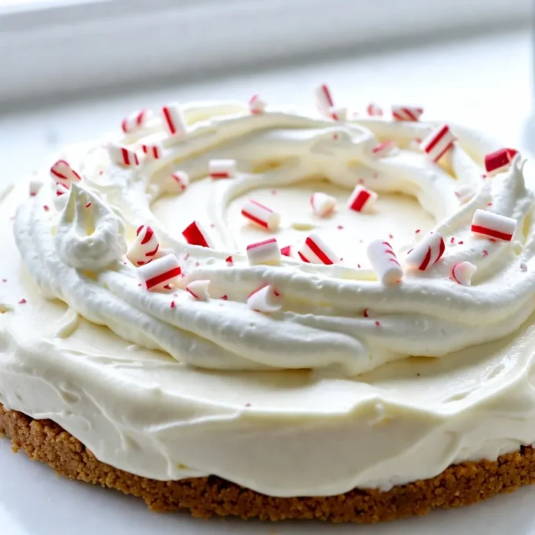 - 1 ½ cups crushed graham crackers - ½ cup unsalted butter, melted - 1/3 cup granulated sugar - 8 oz white chocolate, chopped - 1 cup heavy cream - 1 teaspoon peppermint extract - 1 cup mascarpone cheese - 2 tablespoons powdered sugar - ¼ cup crushed peppermint candies (plus extra for topping) - Whipped cream (for garnish) You can use regular or honey-flavored graham crackers. The honey adds a nice touch. Look for brands that use whole grains for a better taste. If you want a gluten-free option, use gluten-free graham crackers. Choose high-quality white chocolate for the best flavor. Brands like Ghirardelli or Callebaut work well. Avoid chocolate chips, as they may not melt smoothly. The better the chocolate, the creamier your mousse will be. {{ingredient_image_1}} Mixing and Pressing Grahams Start by taking 1 ½ cups of crushed graham crackers. In a large bowl, mix the crumbs with ½ cup melted butter and ⅓ cup granulated sugar. Stir until every crumb is coated with butter. This blend gives the crust a rich taste. Now, press the mixture firmly into the bottom and sides of a 9-inch pie dish. Use your fingers or the back of a measuring cup to make it even. Setting the Crust After pressing, put the crust in the refrigerator. Let it chill for a bit while you make the mousse. This step helps the crust firm up, making it easier to fill later. Melting White Chocolate Next, grab 8 ounces of chopped white chocolate. Place it in a microwave-safe bowl. Heat the chocolate in the microwave at 30-second intervals. Stir after each interval until it is smooth. Be careful not to overheat it. Once melted, let it cool slightly. Whipping Cream and Combining Ingredients Now, take 1 cup of heavy cream and whip it in a large bowl. Whip until soft peaks form. Then, add 2 tablespoons of powdered sugar. Continue whipping until stiff peaks form. In a separate bowl, mix 1 cup of mascarpone cheese with 1 teaspoon of peppermint extract until it's smooth and creamy. Carefully fold in the melted white chocolate. This will create a smooth, minty base for your mousse. Folding in Peppermint Then, gently fold the whipped cream into the mascarpone and white chocolate mixture. Do this slowly to keep the mousse light and airy. Finally, fold in ¼ cup of crushed peppermint candies to add a nice crunch and flavor. Filling the Crust Now it’s time to fill the crust. Pour the mousse filling into the chilled graham cracker crust. Use a spatula to smooth the top. This will help every slice look nice when served. Refrigeration Time Cover the pie with plastic wrap and place it back in the refrigerator. Let it chill for at least 4 hours. This step is crucial for the mousse to set properly. When ready, the pie will be firm and perfect for serving. Achieving Soft Peaks To make the mousse fluffy, whip the heavy cream until soft peaks form. This means the cream should hold its shape but still be smooth. Be careful not to over-whip, or the cream may become grainy. Keep the bowl and beaters cold for the best results. A cold bowl helps the cream whip faster and better. Folding Techniques Folding is key to keeping the mousse light. Start by adding a small amount of whipped cream to the mascarpone mixture. Use a spatula to gently mix it in. Then, add the rest of the whipped cream. Scoop from the bottom and turn the bowl as you fold. This method keeps the air in the cream, creating a delightful texture. Garnishing with Whipped Cream When you’re ready to serve, top each slice with a dollop of whipped cream. This adds a nice visual touch and more creamy goodness. Use a piping bag for a fancy look or scoop it on with a spoon. Adding Extra Peppermint For that extra festive flair, sprinkle crushed peppermint candies on top. This adds color and a crunchy bite. You can also add a few whole candies around the pie for even more decoration. Pro Tips Use High-Quality White Chocolate: Choose a premium white chocolate for a richer flavor and smoother texture in your mousse. Chill Your Mixing Bowls: For best results, chill your mixing bowls and beaters before whipping the cream to achieve maximum volume. Don’t Overmix: When folding in the whipped cream, be gentle to maintain the light and airy texture of the mousse. Let It Set: Allow the pie to set in the refrigerator for at least 4 hours to ensure a perfectly firm mousse that holds its shape. {{image_2}} You can easily change the flavor of your No-Bake Peppermint White Chocolate Mousse Pie. - Adding Different Extracts: Try using vanilla or almond extract instead of peppermint. These will give your pie a unique twist. Vanilla adds warmth, while almond gives a nutty flavor. Both options work well with white chocolate. - Using Dark Chocolate: If you prefer a richer taste, swap out the white chocolate for dark chocolate. Melt the dark chocolate just like the white. This change adds depth and balances the sweetness. Adapting the pie for dietary needs is simple and fun. - Gluten-Free Crust Options: To make it gluten-free, use crushed gluten-free cookies instead of graham crackers. Brands like almond flour cookies or gluten-free Oreos work great. Just mix them with melted butter and sugar to form the crust. - Dairy-Free Alternatives: For a dairy-free version, substitute the mascarpone cheese with a dairy-free cream cheese. Use coconut cream instead of heavy cream for the mousse. This will keep the texture creamy without dairy. To keep your No-Bake Peppermint White Chocolate Mousse Pie fresh, store it in the fridge. Use a pie cover or plastic wrap to protect it. This pie stays good for about three to four days. If you notice any signs of spoilage, like an off smell, it's time to toss it. Always check before serving leftovers. You can freeze this pie if you want to save some for later. First, make sure the pie is fully set. Wrap it tightly in plastic wrap, then place it in an airtight container. This helps prevent freezer burn. You can freeze it for up to a month. When you're ready to eat it, take it out of the freezer. Let it thaw in the fridge overnight. This helps maintain the creamy texture. After thawing, add fresh whipped cream and crushed peppermint for that extra pop. Enjoy your delicious treat! Can I make this pie a day in advance? Yes, you can make this pie a day in advance. This allows the flavors to meld well. Just cover it tightly with plastic wrap. Keep it in the refrigerator until you are ready to serve. What can I substitute for mascarpone cheese? You can use cream cheese as a substitute. Mix it with a bit of heavy cream to soften the texture. Ricotta cheese is another option, but it may change the taste slightly. How do I make it less sweet? To reduce sweetness, cut back on the powdered sugar in the whipped cream. You can also use less white chocolate. Adding a bit more peppermint extract can balance the sweetness too. What if my mousse is too runny? If your mousse is too runny, it may need more time to chill. Place it back in the fridge for an extra hour. You can also fold in more whipped cream to help thicken it. How to fix a crumbly crust? If your crust crumbles, it may need more butter. Melt a little more butter and mix it in. Press the crust firmly into the pie dish for better binding. This blog post covered how to make a delicious mousse pie. First, I explained the required ingredients and tips for the crust and mousse. Then, I shared step-by-step instructions and helpful tricks to perfect the texture. We explored flavor variations and made suggestions for dietary adjustments. Finally, I provided storage tips and answered common questions. Creating this pie is fun and rewarding. Enjoy making it your own!